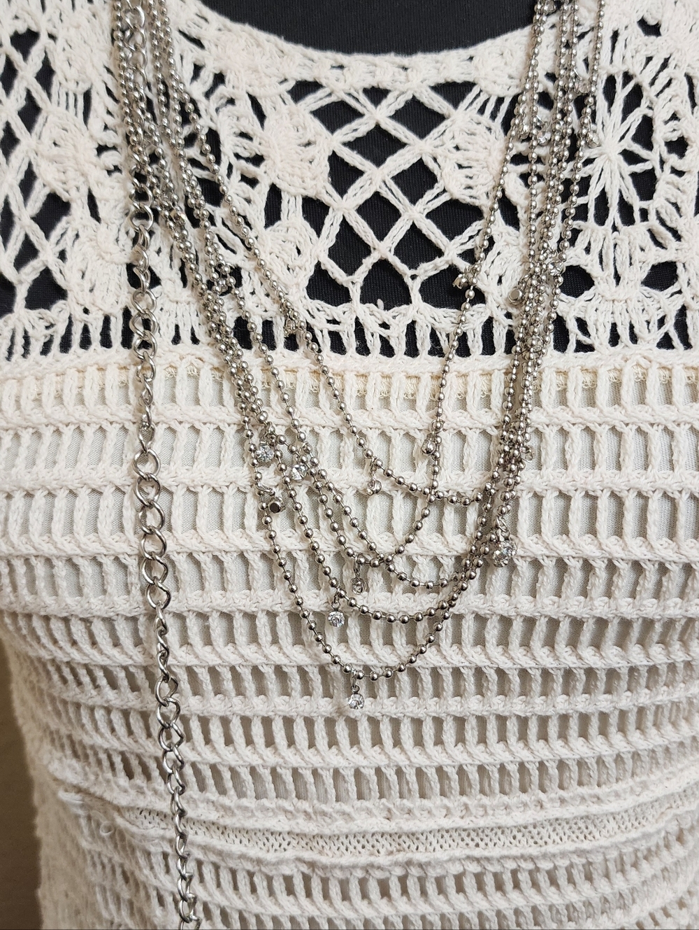 Multi-Layer Silver Ball Chain Rhinestone Dangle Necklace - Picture 5 of 6